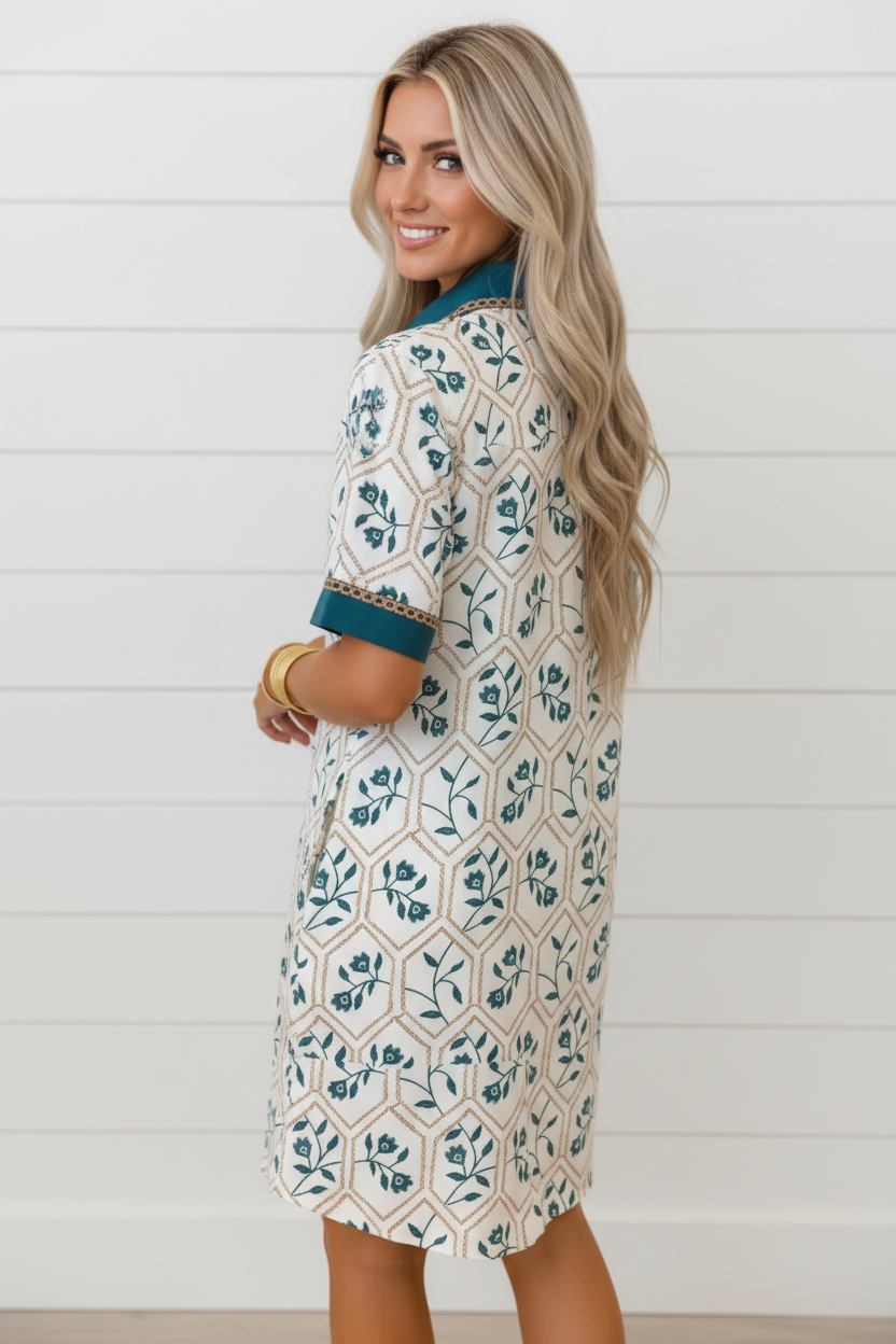 Women's Floral Geometric Mini Dress with Lace Trim