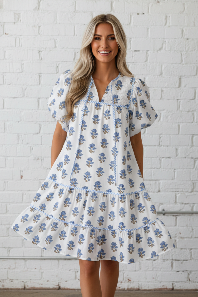 Women's Floral Puff Sleeve Mini Dress with Pockets