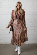Women's Floral Split Front Tiered Frill Midi Dress