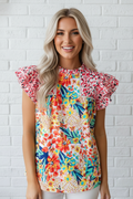 Women's Floral Ruffle Cap Sleeve Blouse White