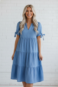 Women's Light Blue Gingham Tiered Midi Dress