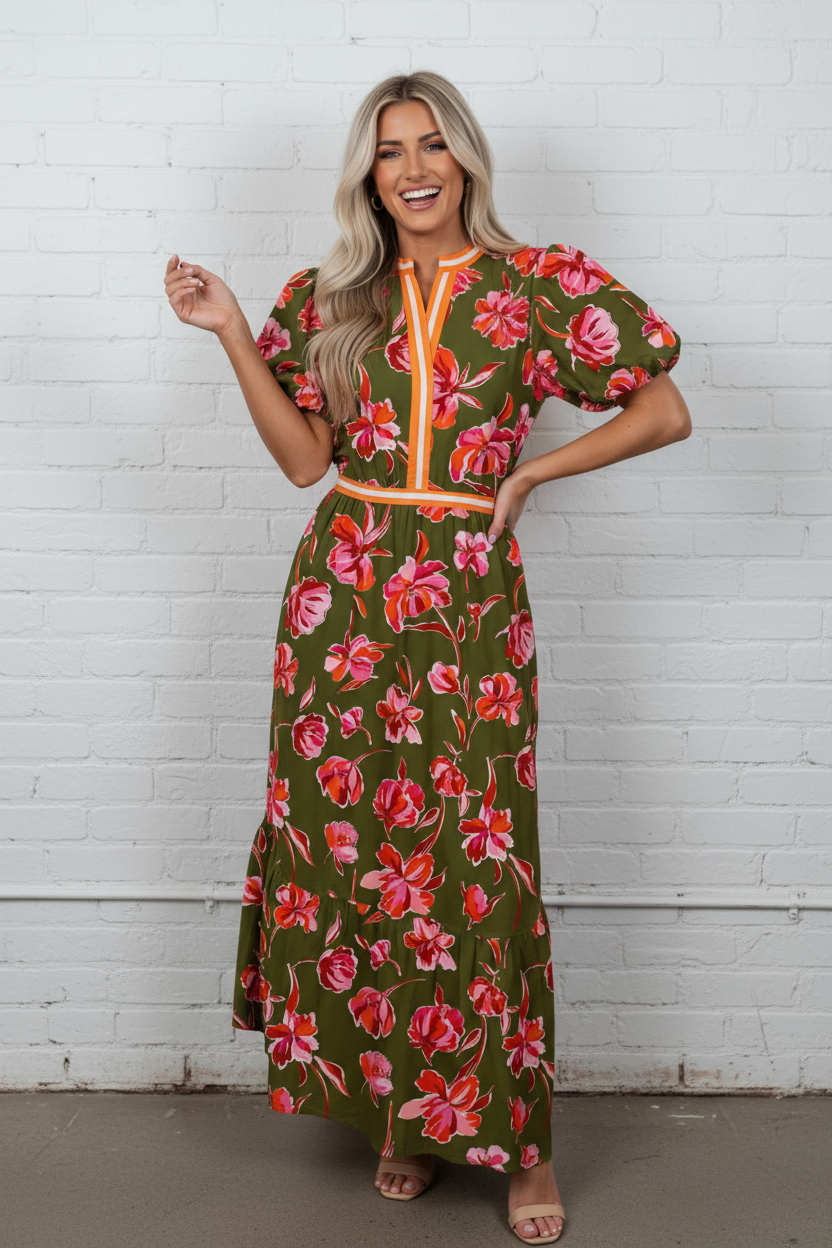 Women's Floral Maxi Dress with Striped Trim & Puff Sleeves
