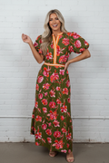 Women's Floral Maxi Dress with Striped Trim & Puff Sleeves