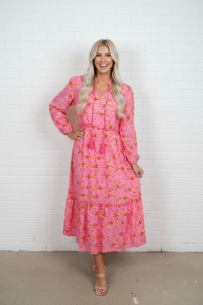 Women's Floral Maxi Dress with Tassel V-Neck