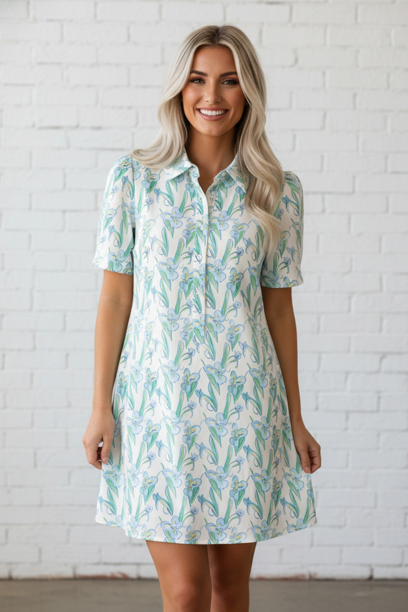 White Floral Shift Dress with Turquoise Accents