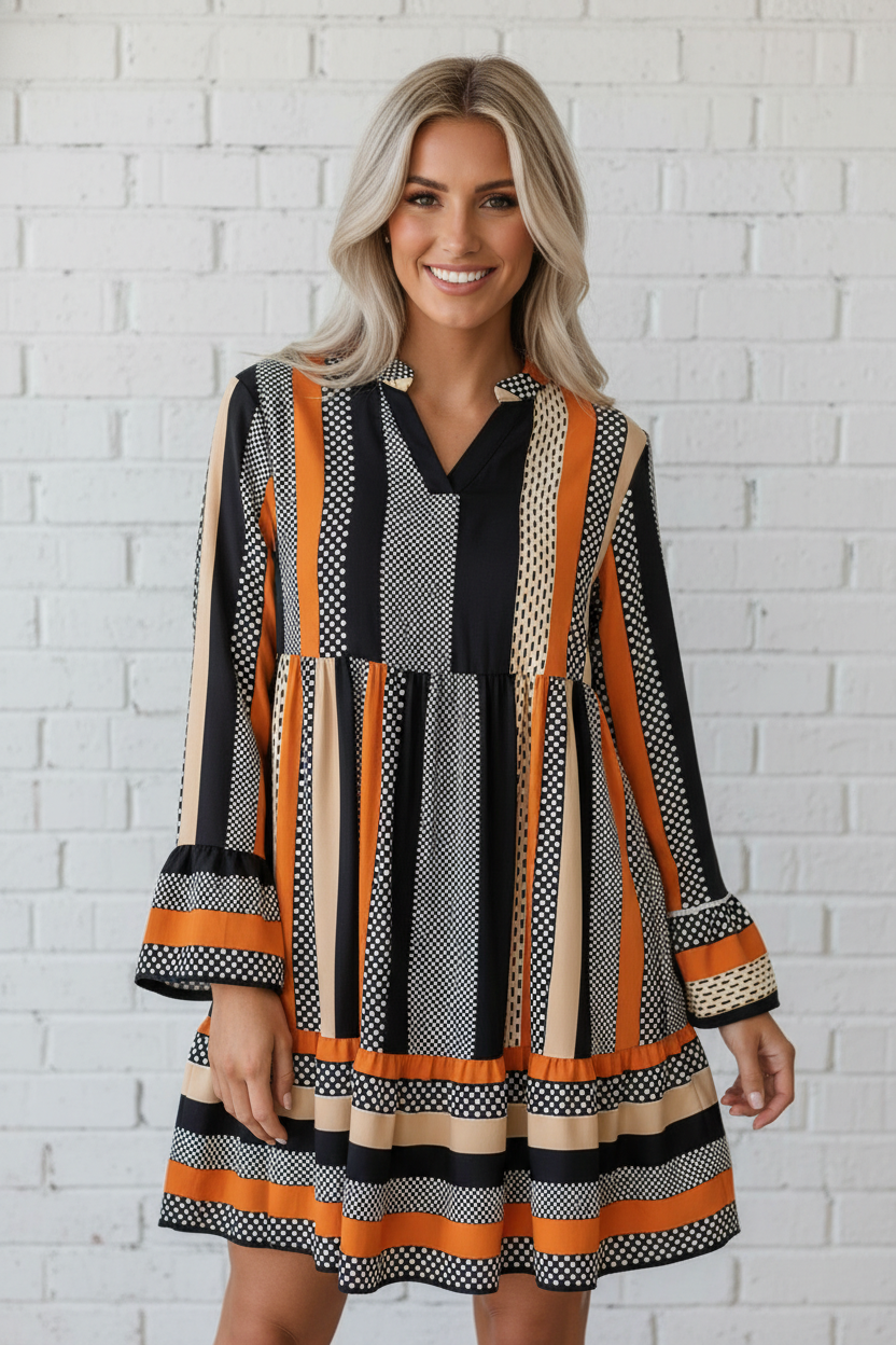 Women's Stripe Polka Dot Ruffle Mini Dress