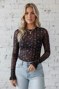 Black Floral Mesh Bodysuit with Smocked Cuffs