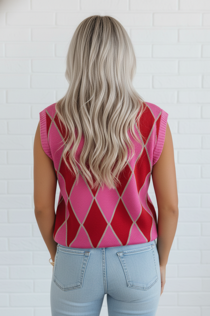 Women’s Geometric Rhombus Knit Sweater Vest with Glitter Trim