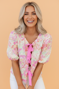 Floral Ribbon Tie Front Puff Sleeve Blouse