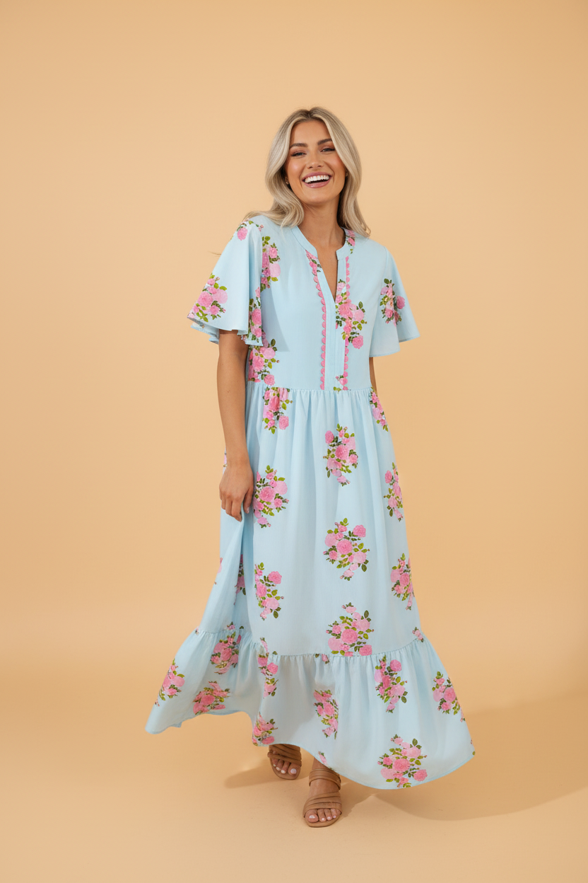 A woman wearing a light blue maxi dress with pink rose floral pattern, flutter sleeves, and a notched neckline, posing against a neutral backdrop.