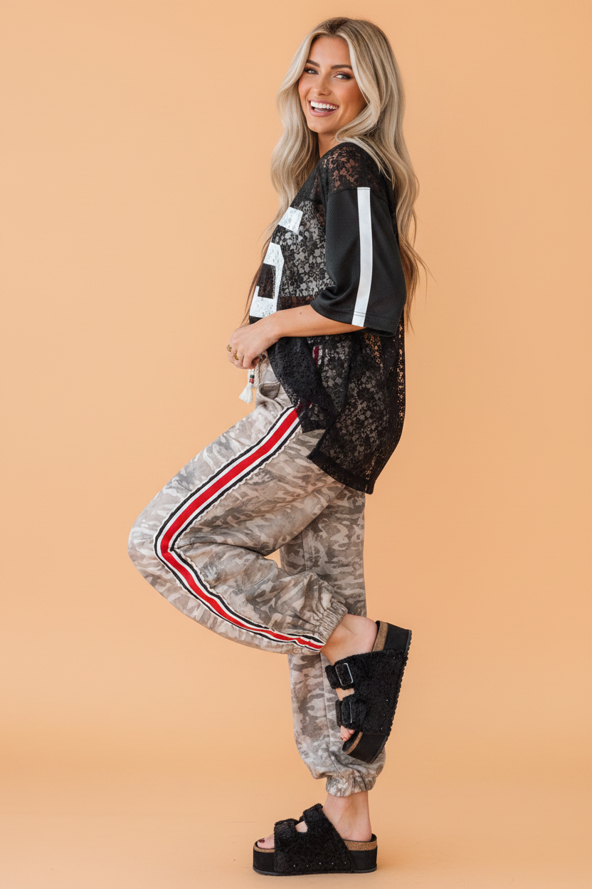 Camo Stripe Side Patchwork Drawstring Jogger Pants - Image 2