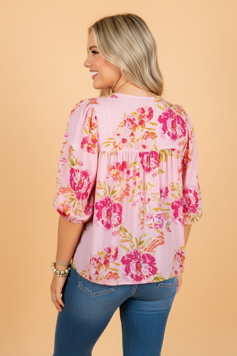 Pink Floral Print Tie-Neck Blouse with 3/4 Puff Sleeves - Image 2