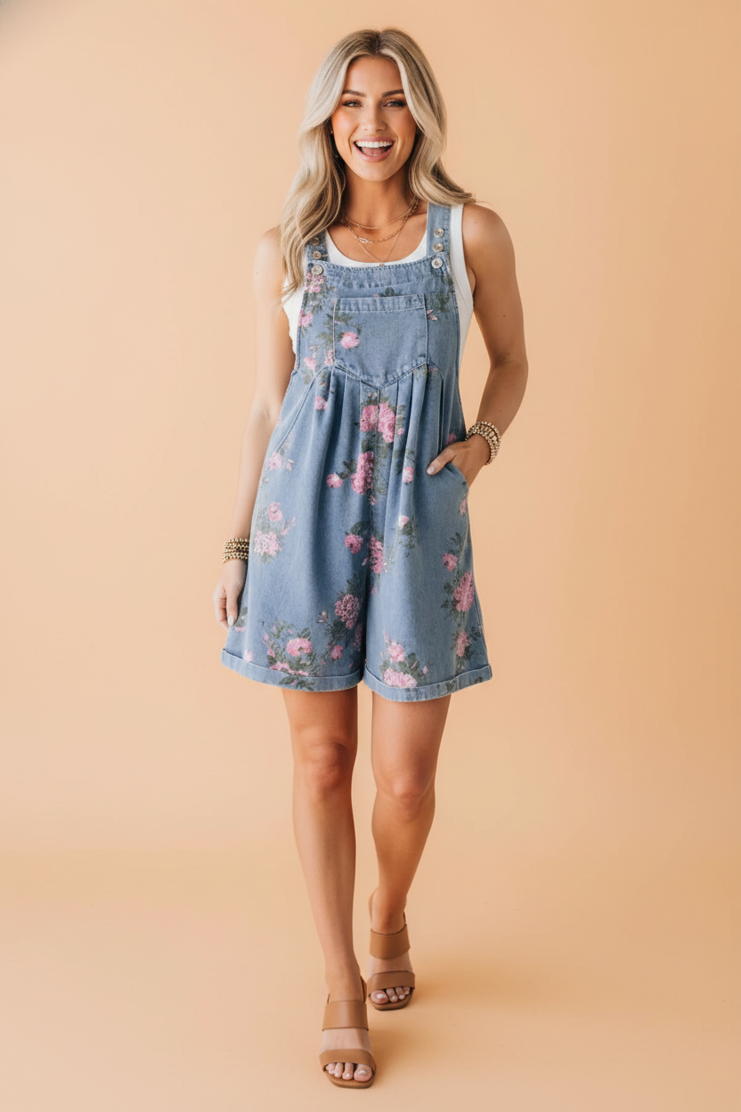 A woman modeling a blue denim romper with a pink and green floral print, featuring adjustable straps and pockets.