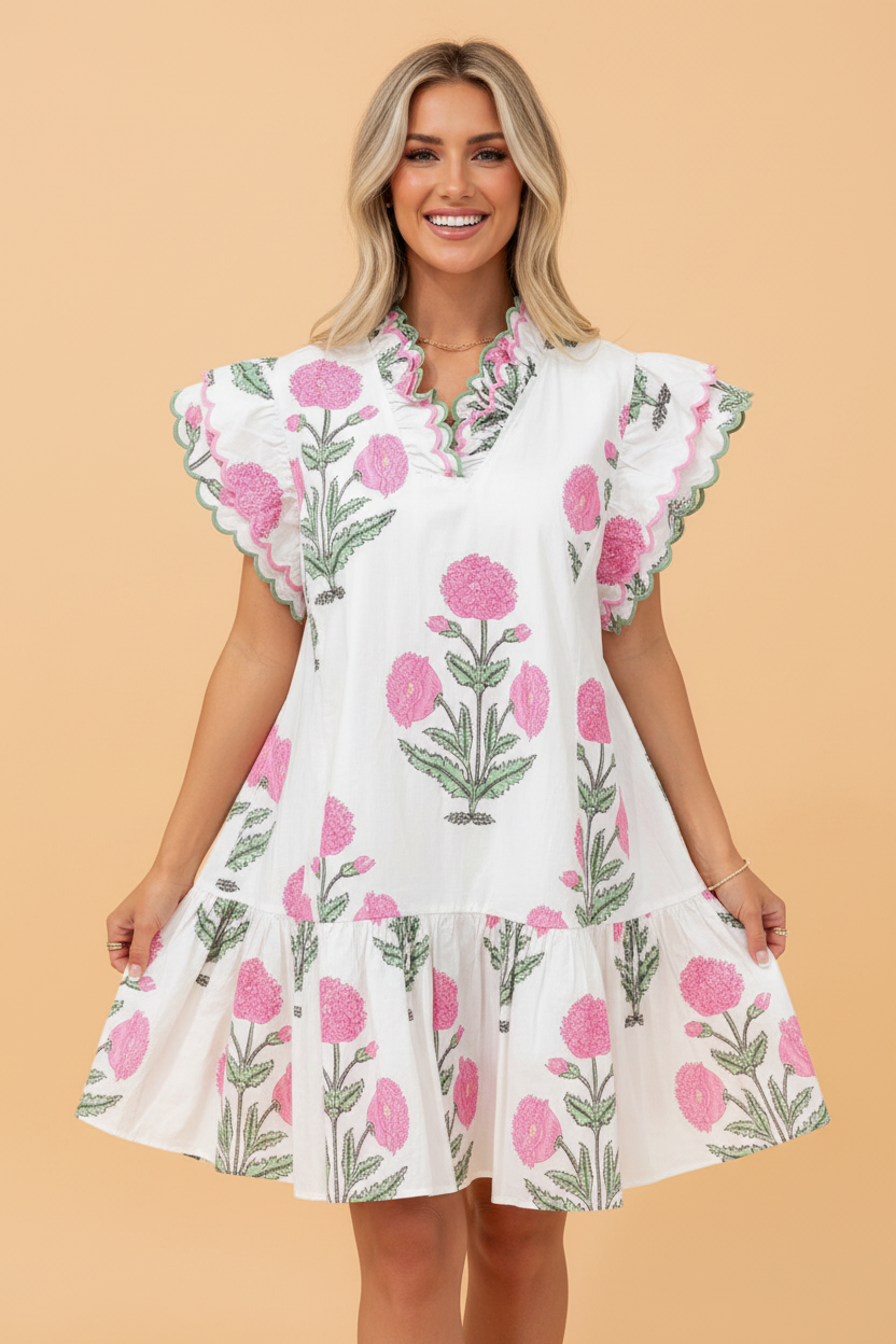 A woman wearing a white mini dress with a pink and green floral print, scalloped V-neck, and flutter sleeves.