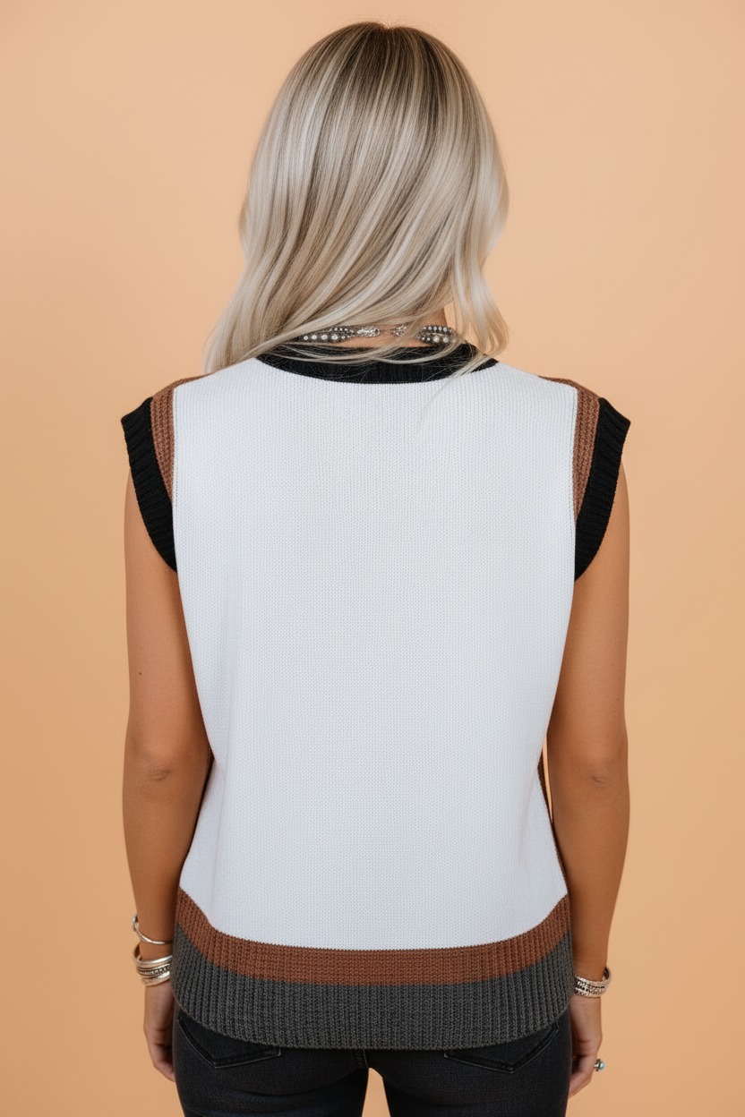 Western Horse Print Colorblock Sleeveless Sweater Tank Top - Image 2