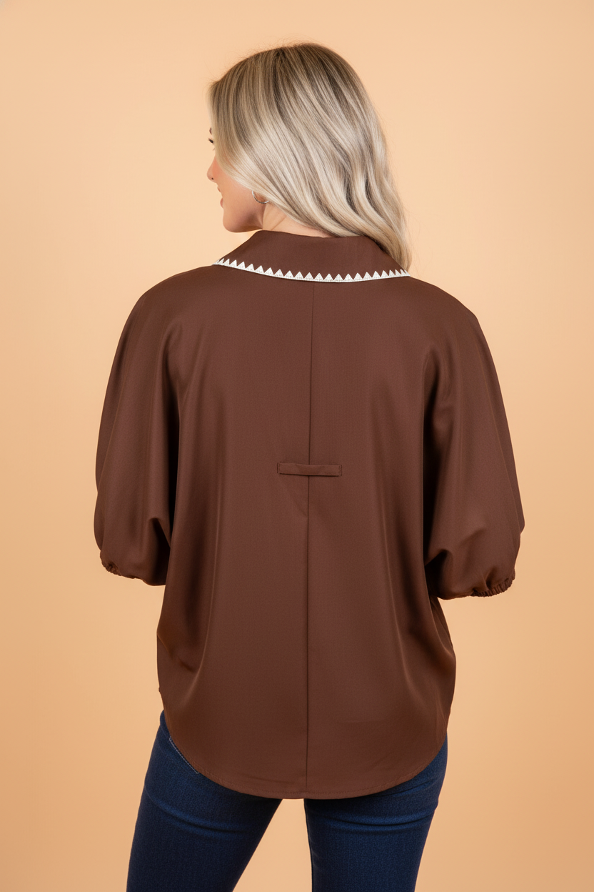 Brown V-Neck Short Sleeve Blouse with Contrast Trim - Image 2