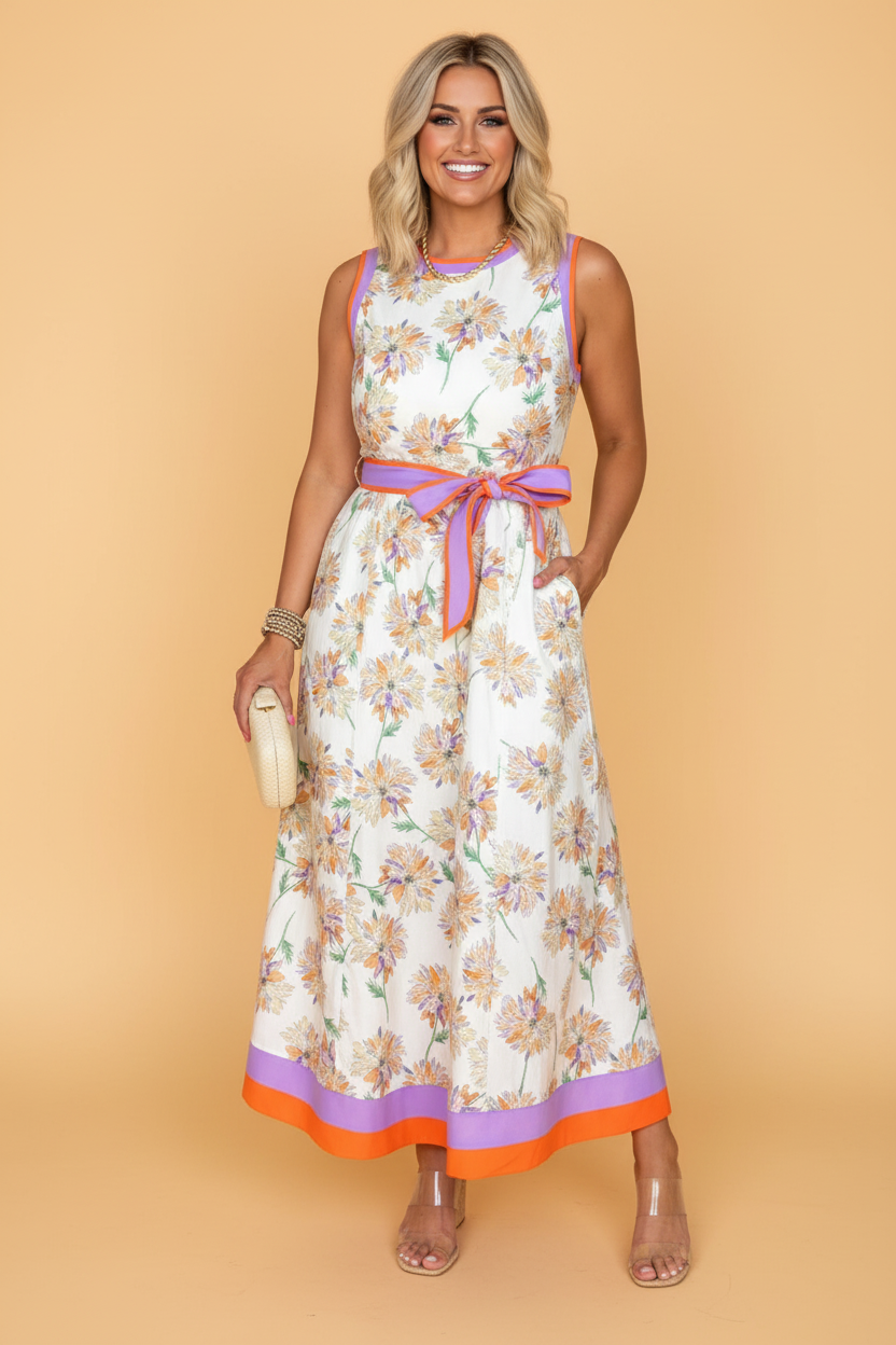 A woman wearing a white floral maxi dress with orange and lavender trim and a removable belt against a beige background
