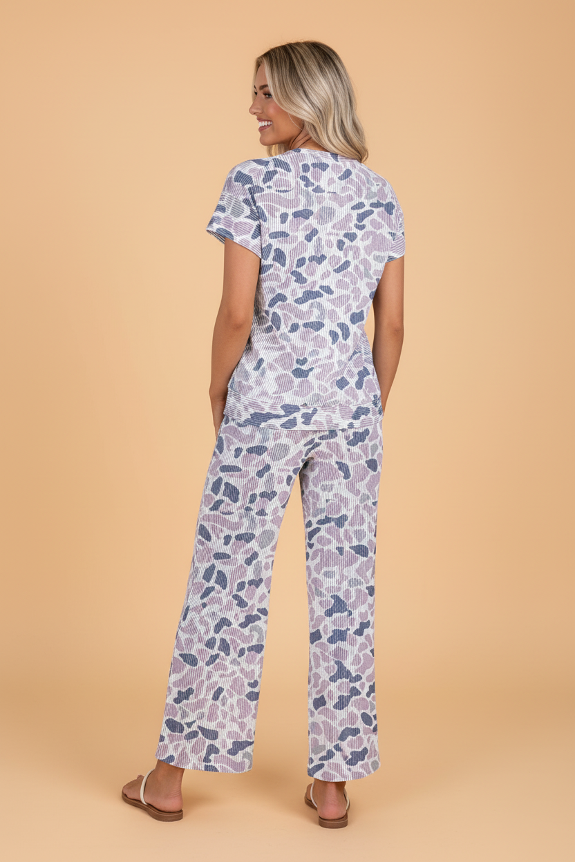 Purple Camo Print Corded Knit Tee and Drawstring Pants Set - Image 2