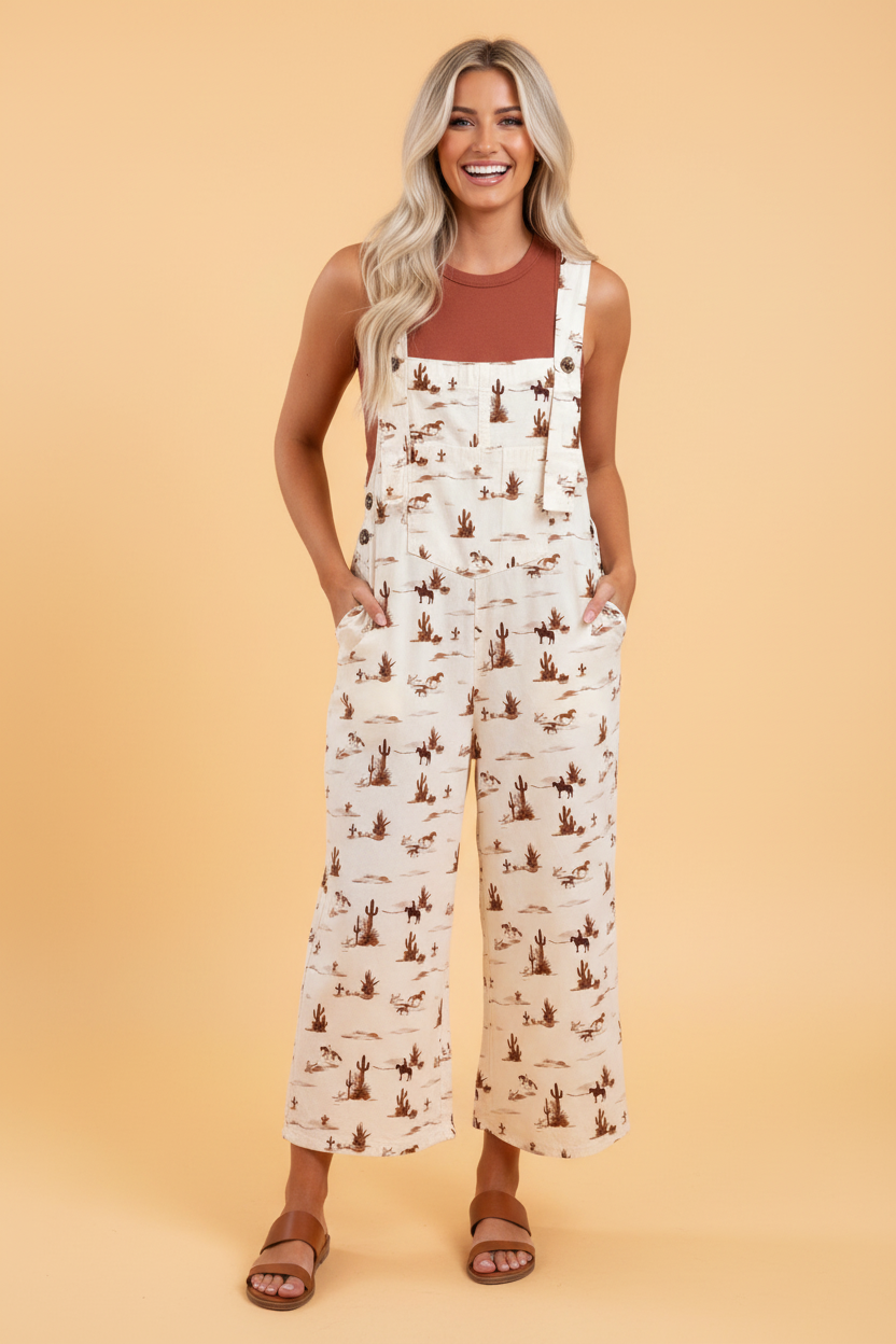 Model wearing a white Western-inspired dungaree jumpsuit with cactus and horse print