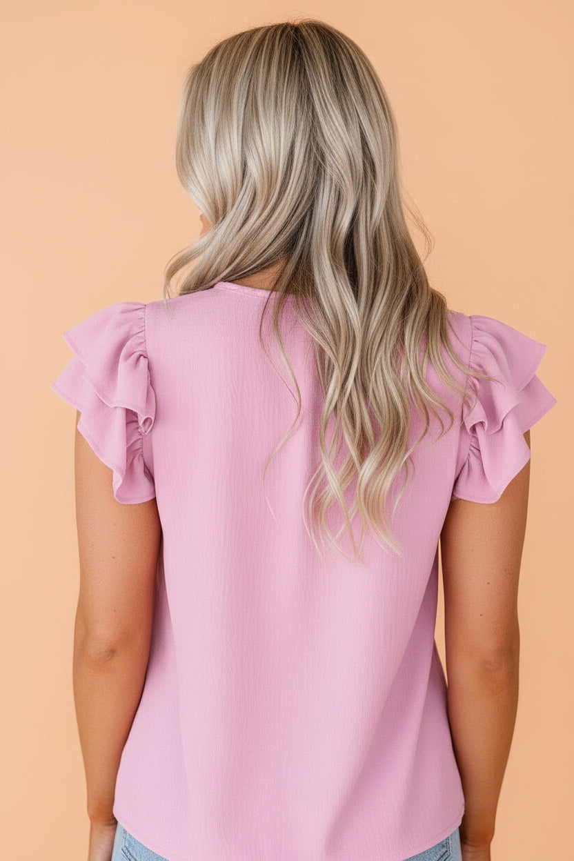 Textured V-Neck Tank Top with Double Ruffle Sleeves in Pink - Image 2