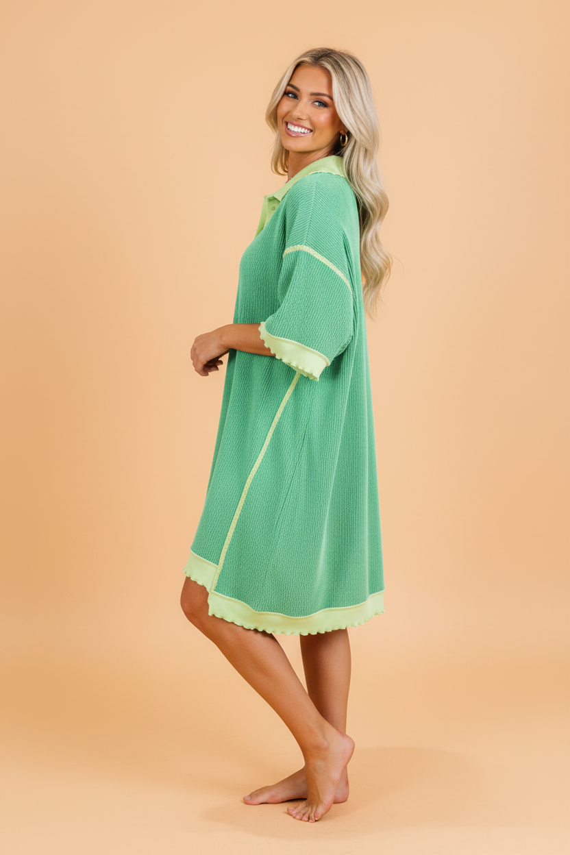 Green Colorblock Corded Knit Oversized Polo T-Shirt Dress - Image 2