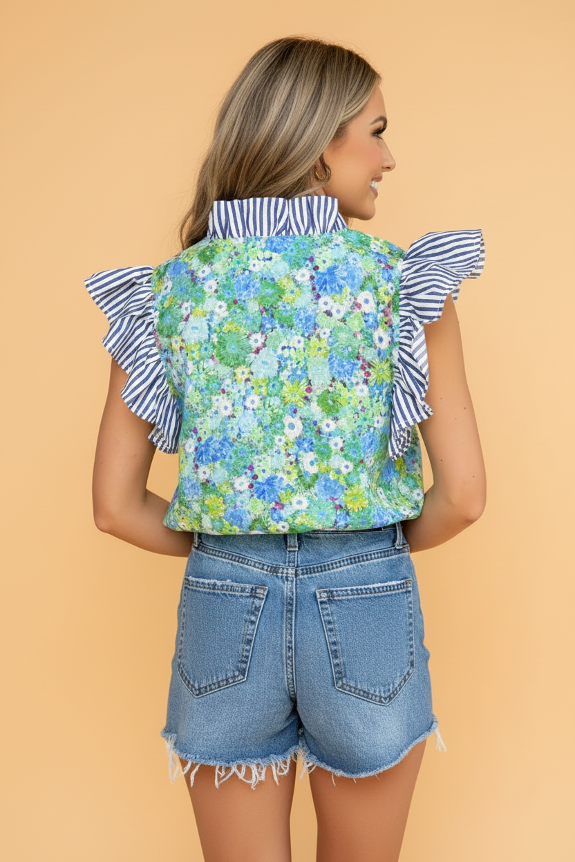 Blue Green Floral Stripe Patchwork Flutter Sleeve Blouse - Image 2