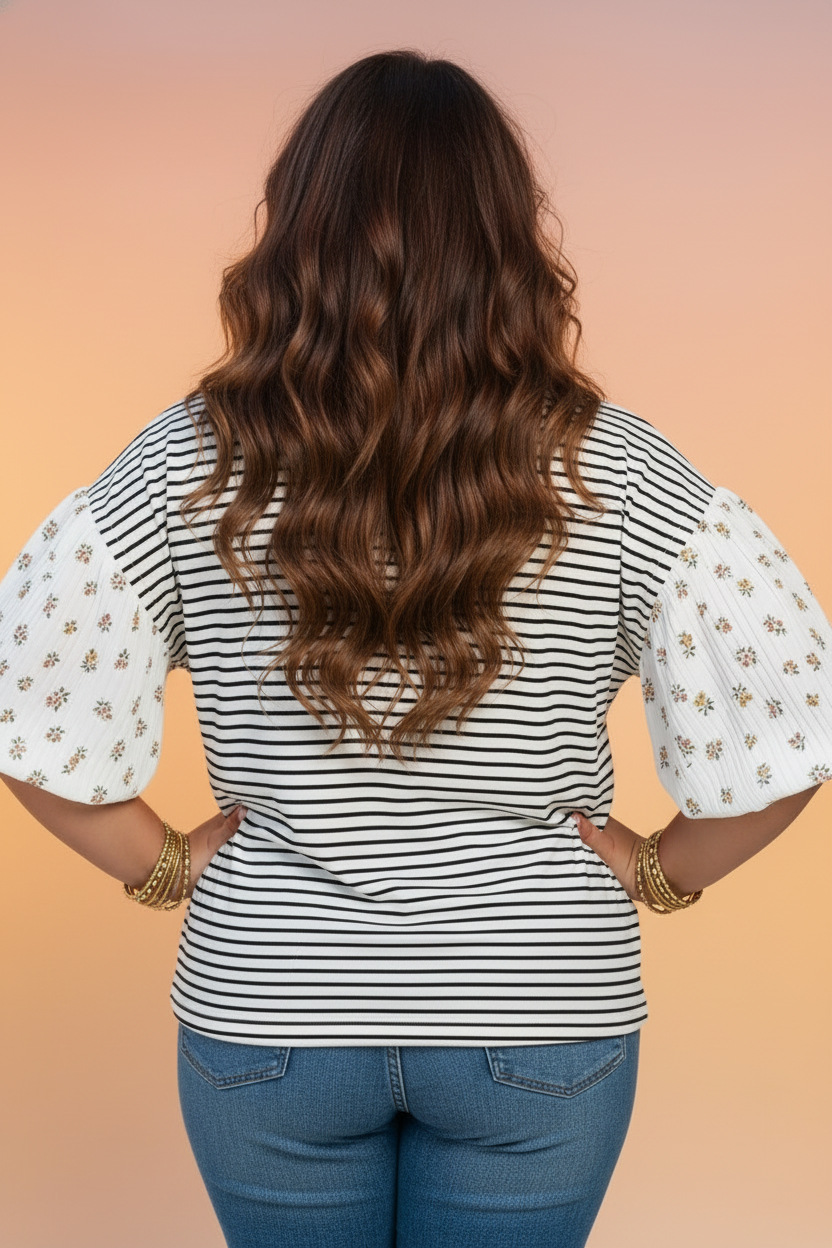 Striped Floral Patchwork Puff Sleeve Cotton Blend Crewneck Top - Image 2