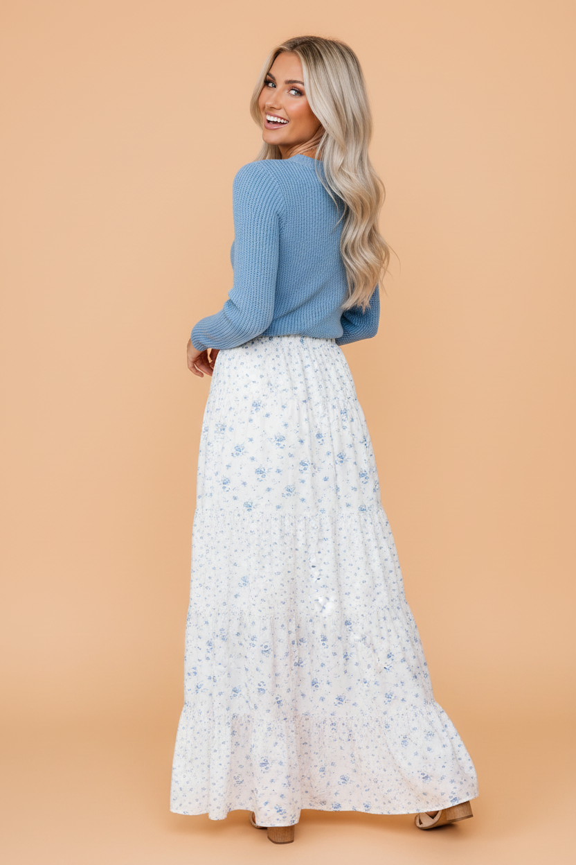 Floral Print Tiered Maxi Skirt in White and Blue - Image 2