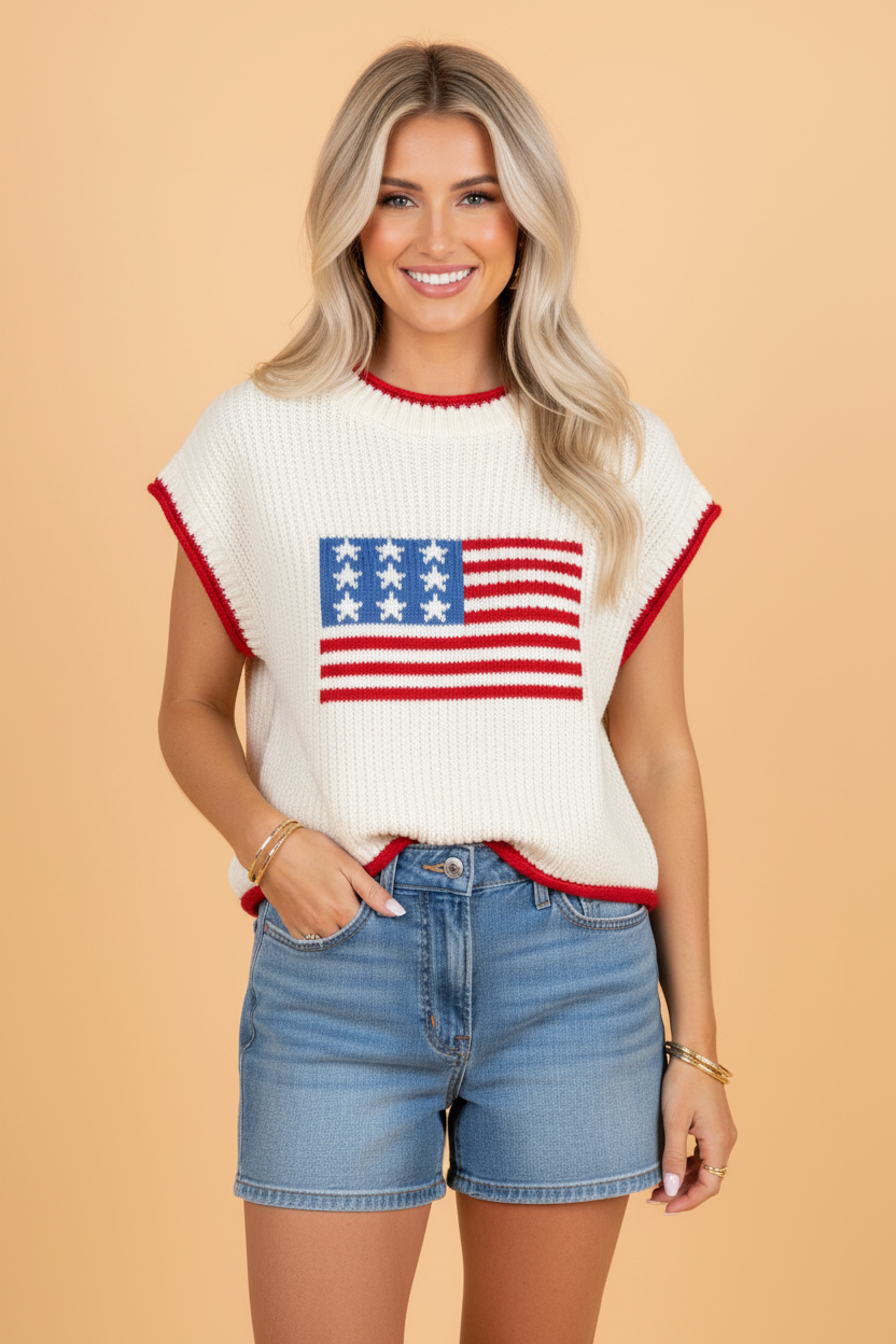 A woman wearing a cream-colored short sleeve knit sweater with an American flag pattern on the front and red trim.