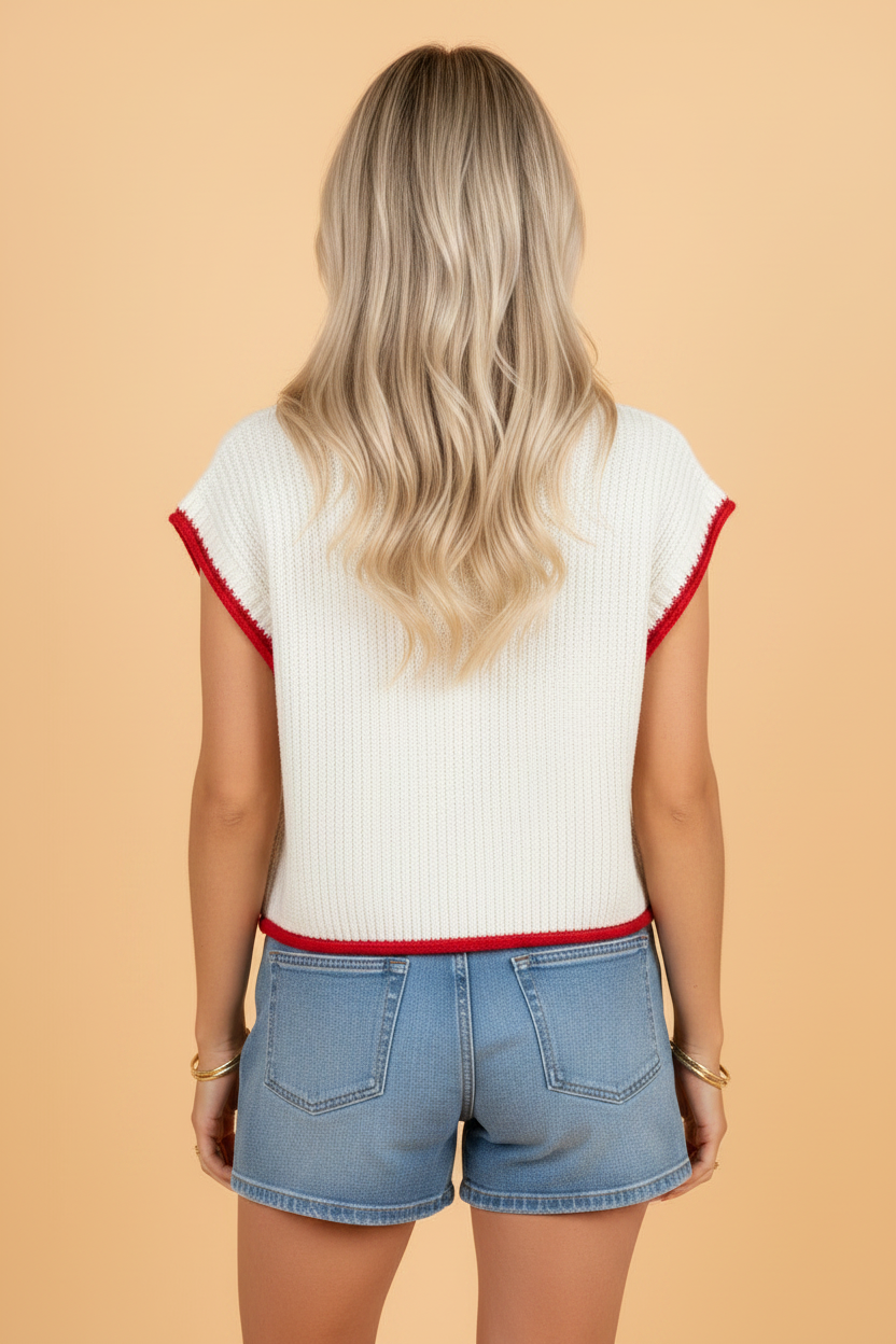 USA Flag Knit Short Sleeve Sweater Top - Image 2