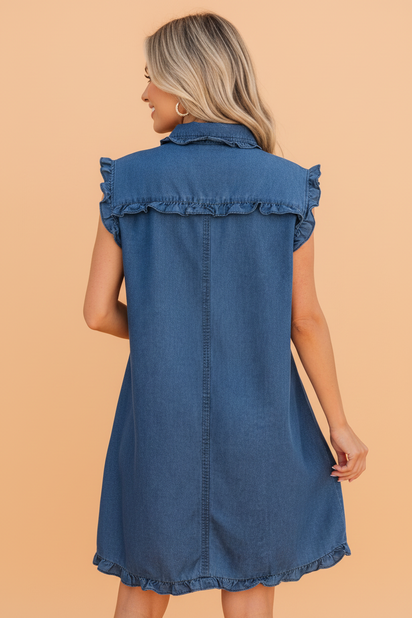 Denim Ruffle Trim Button Up Shift Dress in Medium Wash - Image 2
