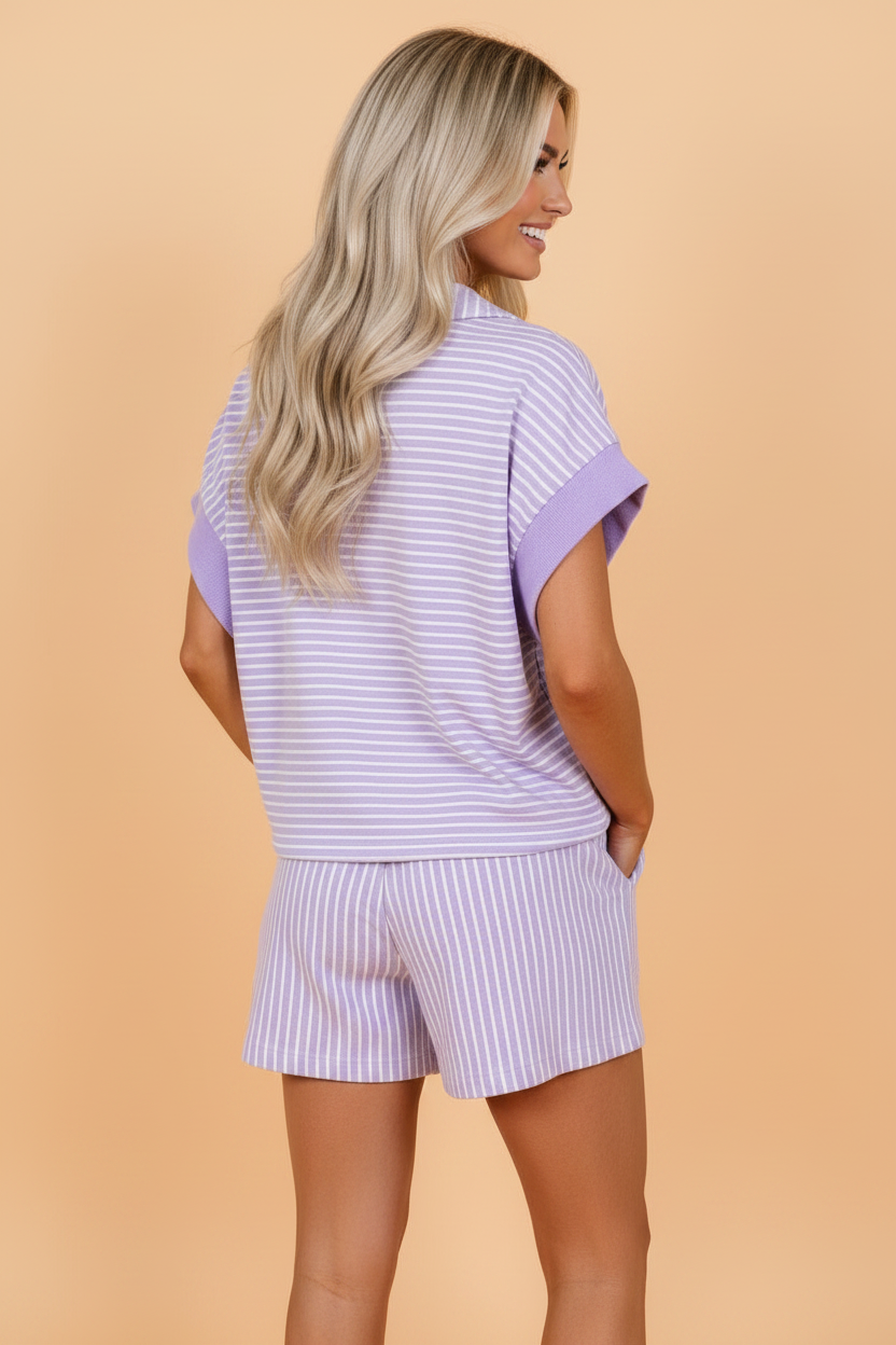 Striped Dolman Sleeve Polo Shirt and Drawstring Shorts Set - Image 2