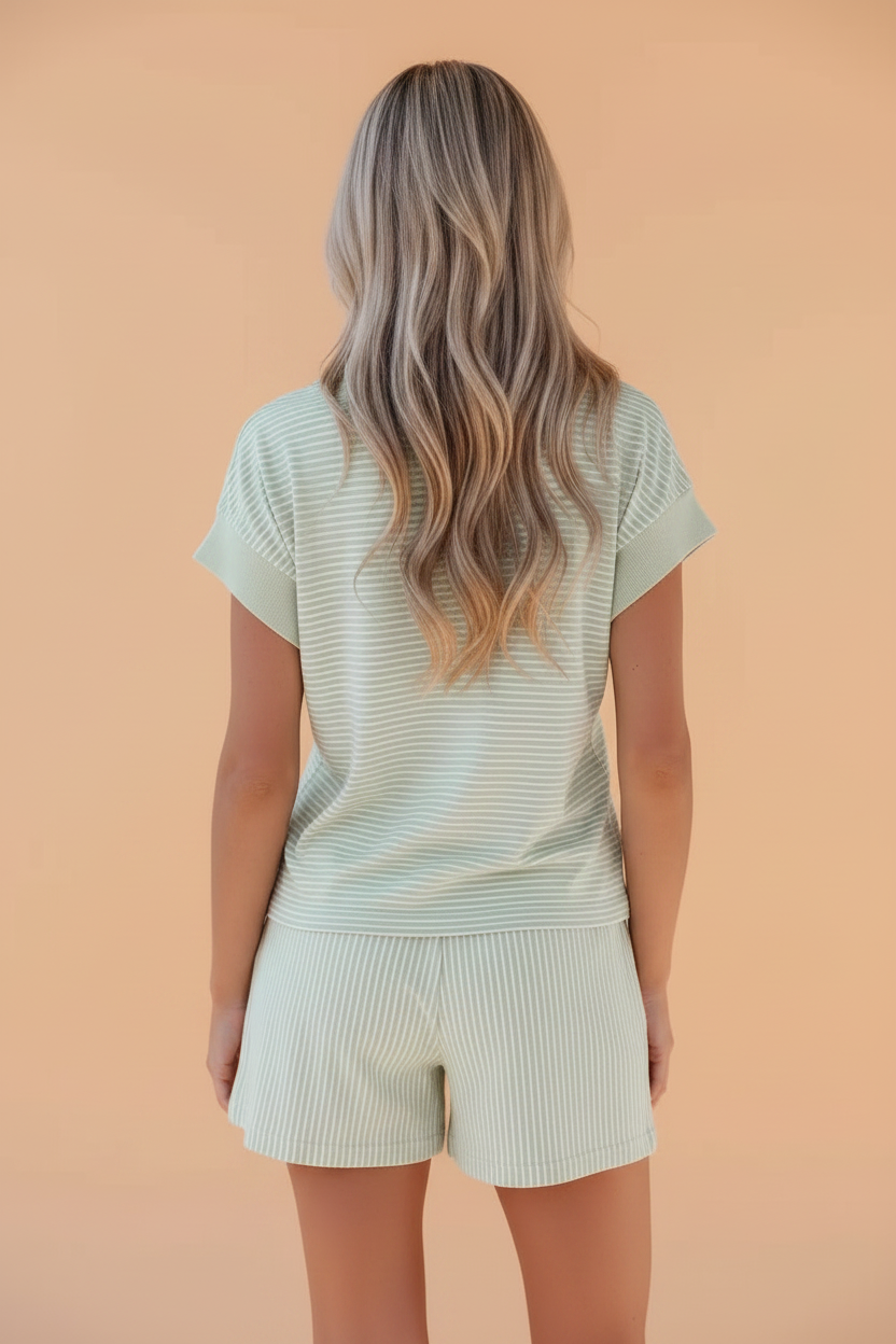 Striped Dolman Sleeve Polo Shirt and Drawstring Shorts Set - Image 6