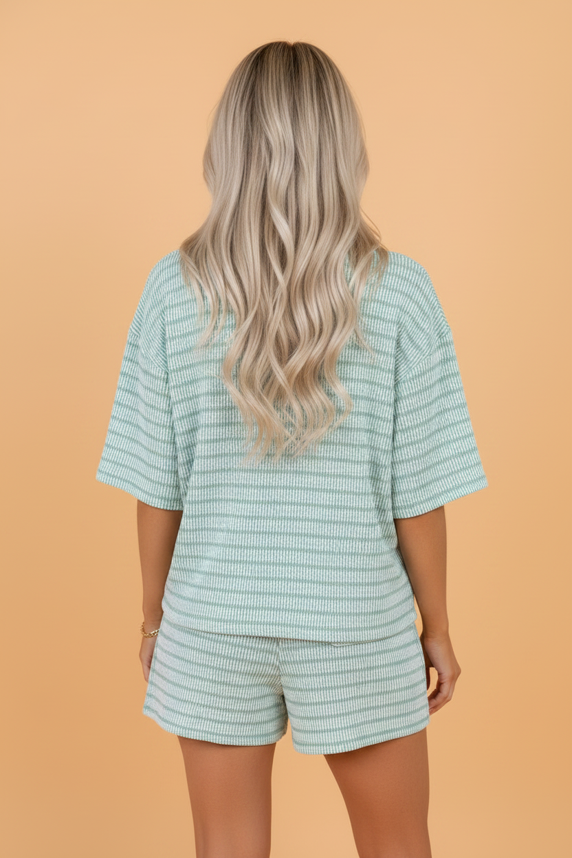 Stripe Ribbed Loose Tee & Drawstring Short Set