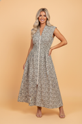 Leopard Zip Up V-Neck Cinched Waist Maxi Dress