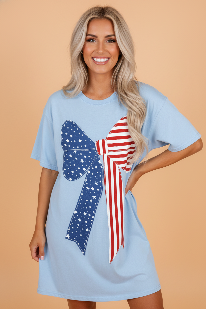 Patriotic Flag Bow Patchwork Mini T-Shirt Dress