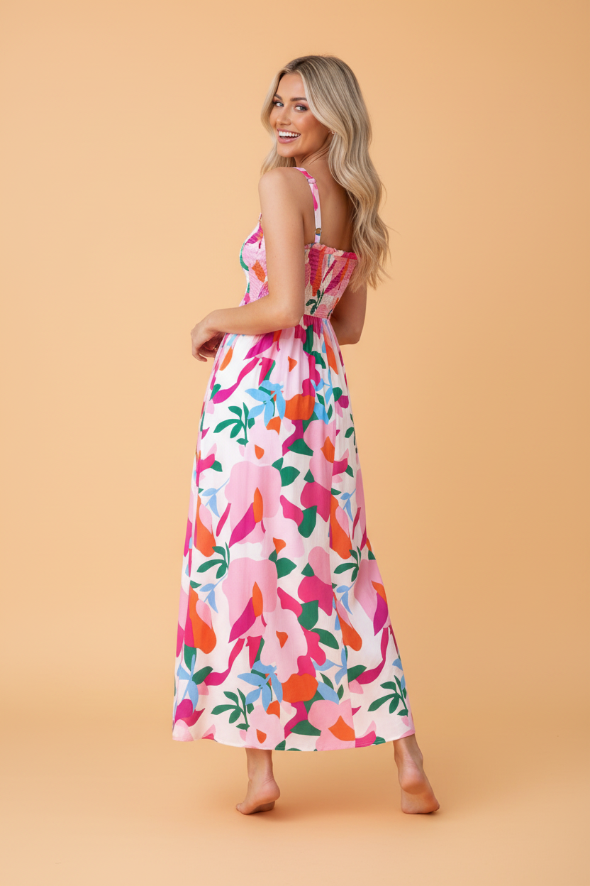 Abstract Floral Smocked High Waist Maxi Sundress