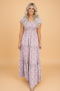 Floral Bubble Sleeve Shirred Waist Maxi Dress