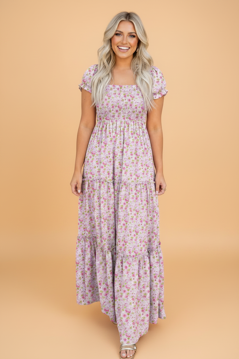 Floral Bubble Sleeve Shirred Waist Maxi Dress