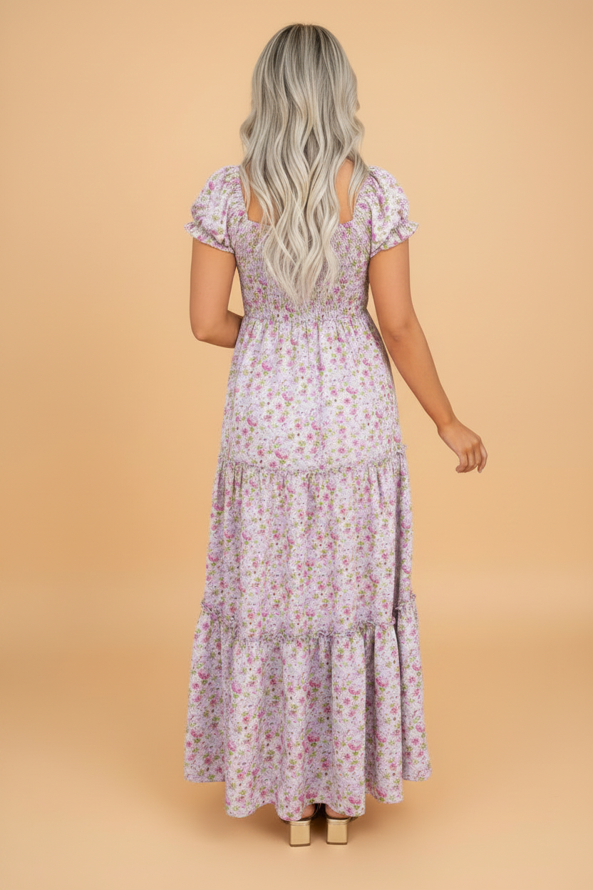 Floral Bubble Sleeve Shirred Waist Maxi Dress