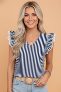 Stripe Lace Ruffle Trim V-Neck Tank Top