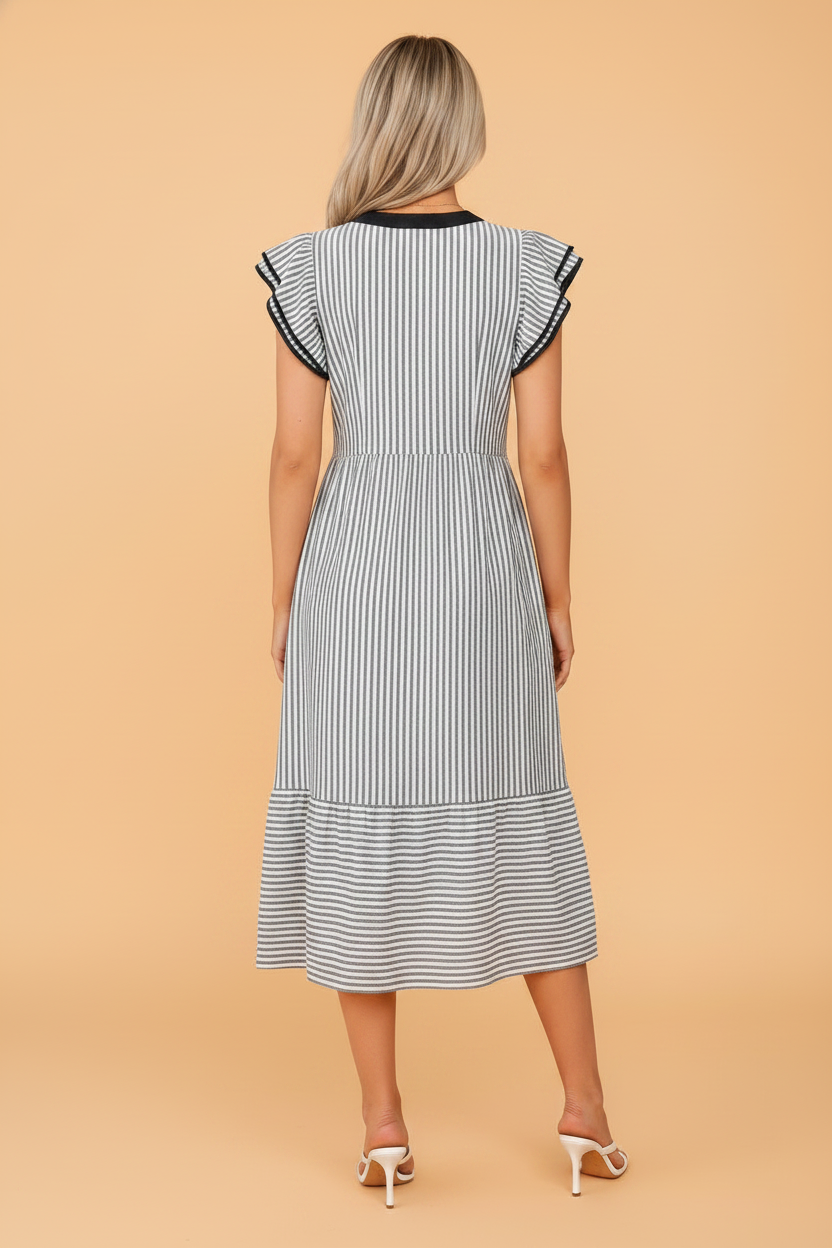 Stripe Contrast V-Neck Flutter Sleeve Midi Dress