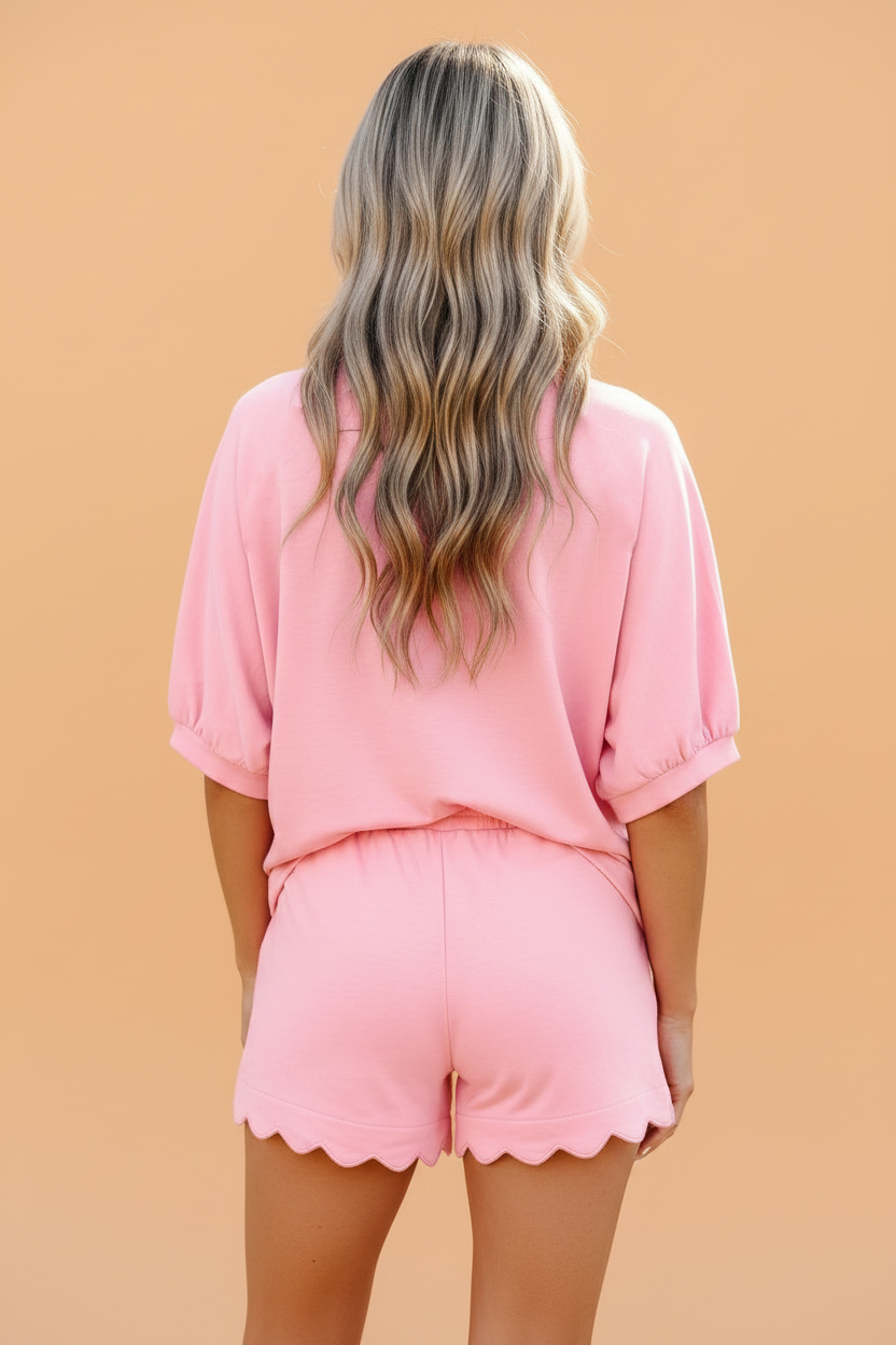 Scalloped V-Neck Dolman Top & Drawstring Short Set