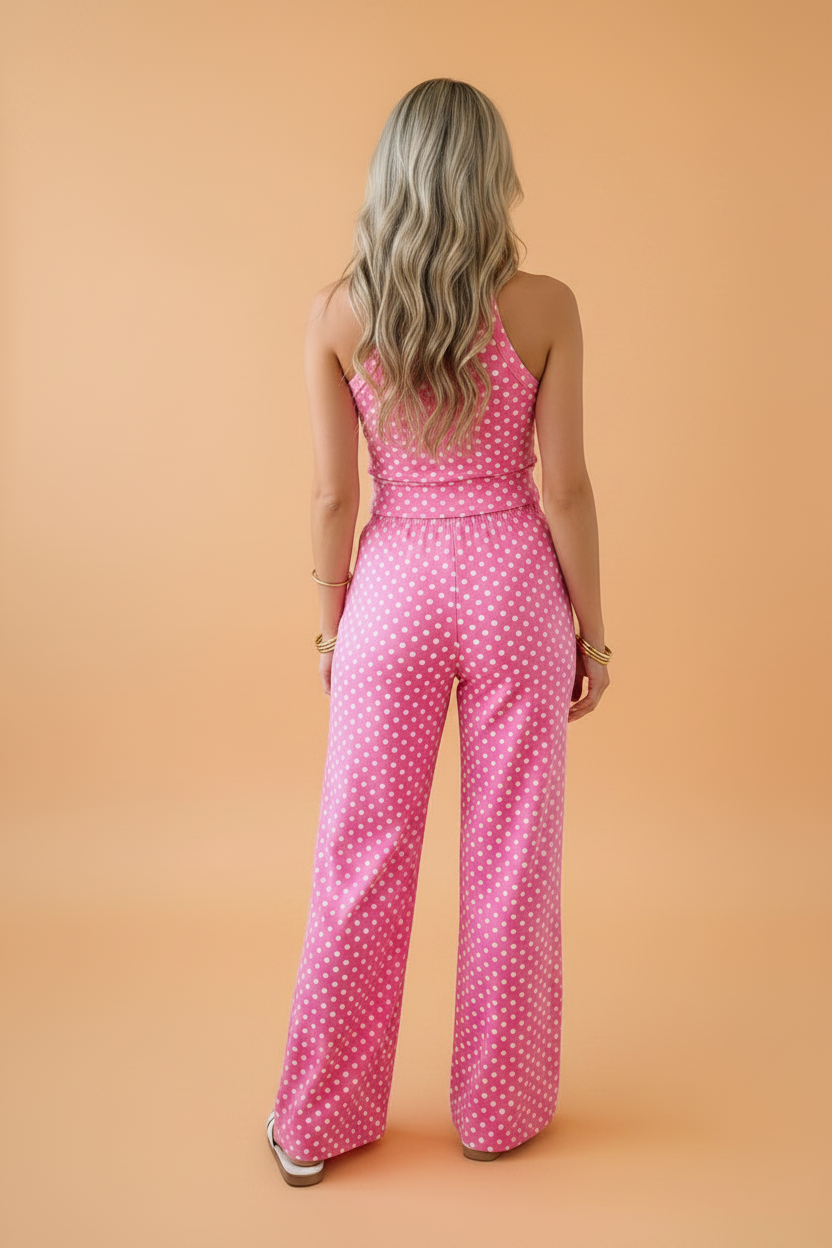 Polka Dot Halter Tank and Loose Flare Pants Two-Piece Set