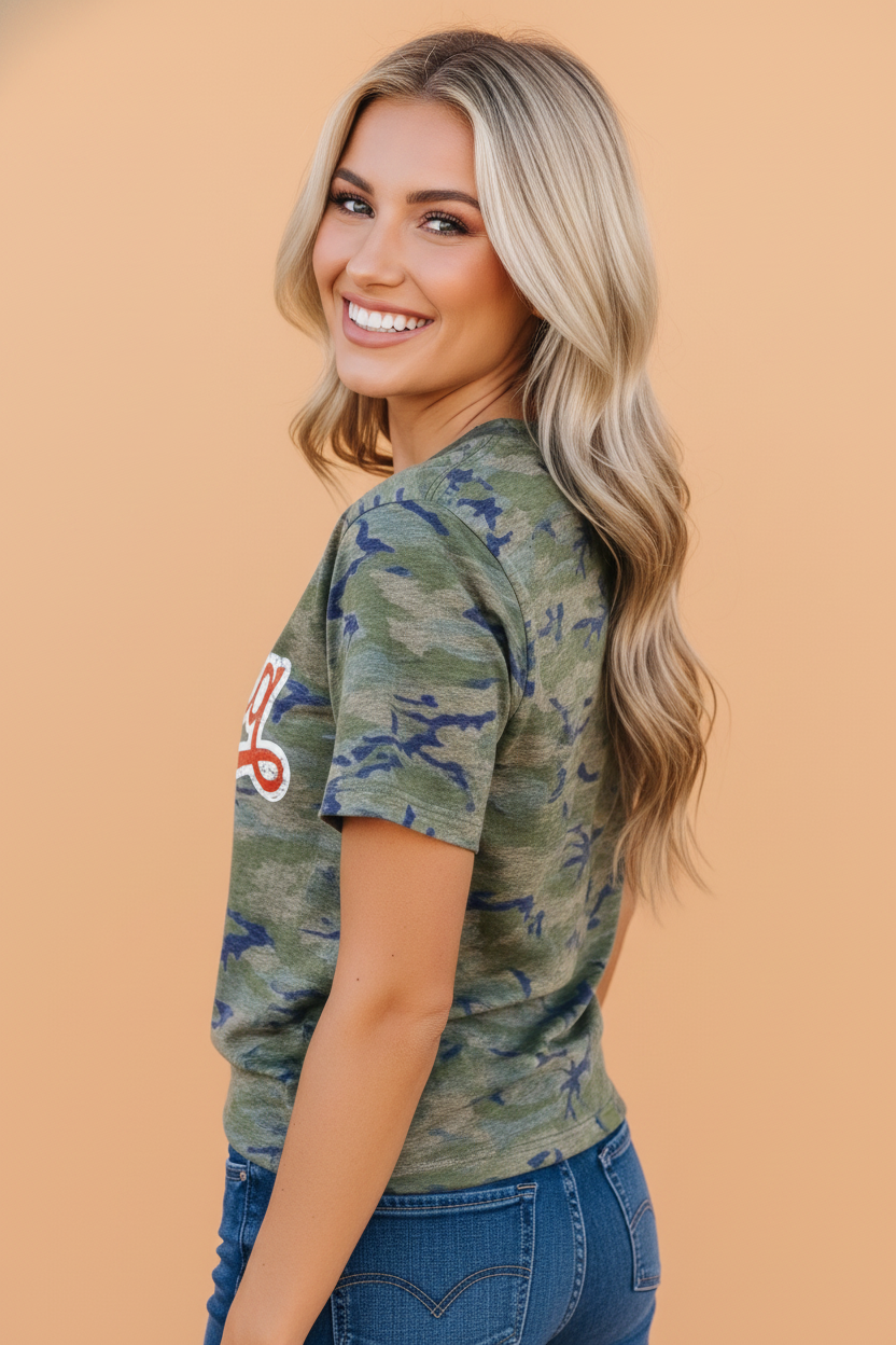 Camo America Patriotic Graphic Tee Distressed Vintage Print