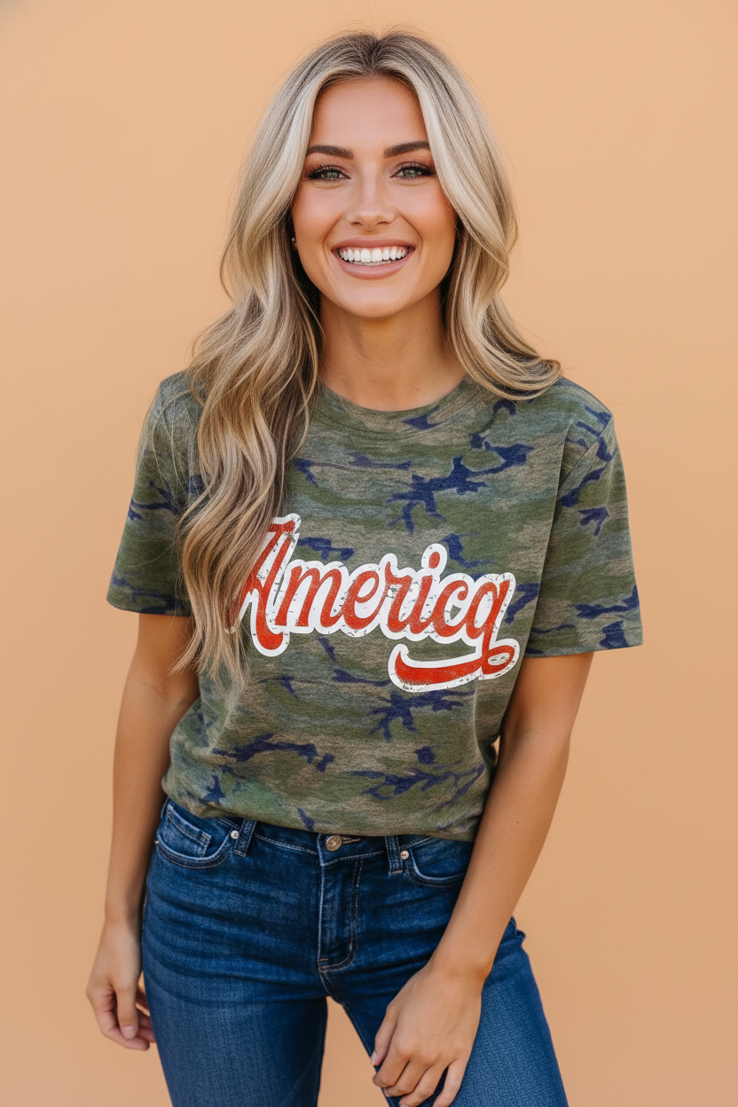 Camo America Patriotic Graphic Tee with distressed vintage letter print