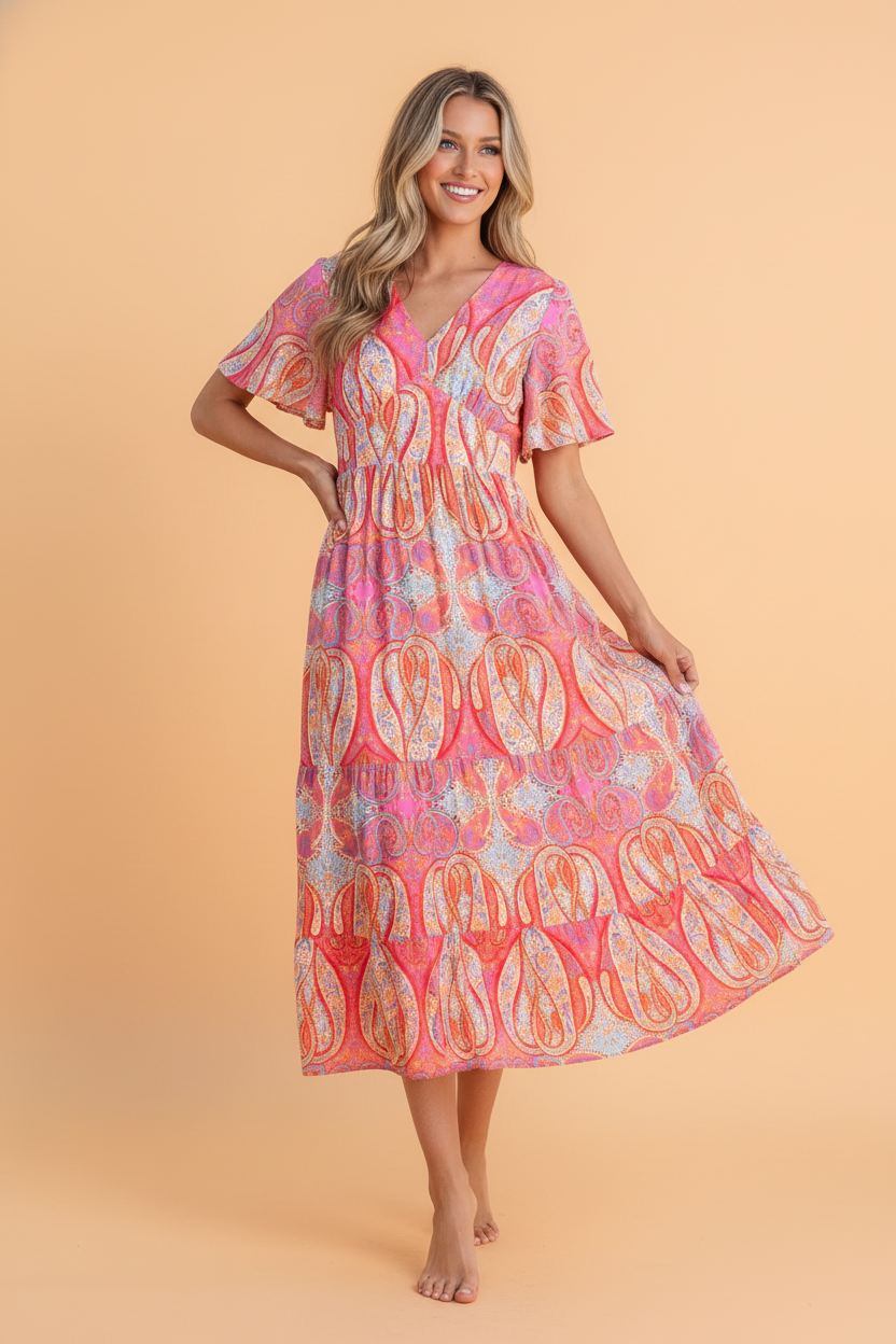 A flowy boho paisley print maxi dress with a V-neckline and flutter sleeves in a summer setting.