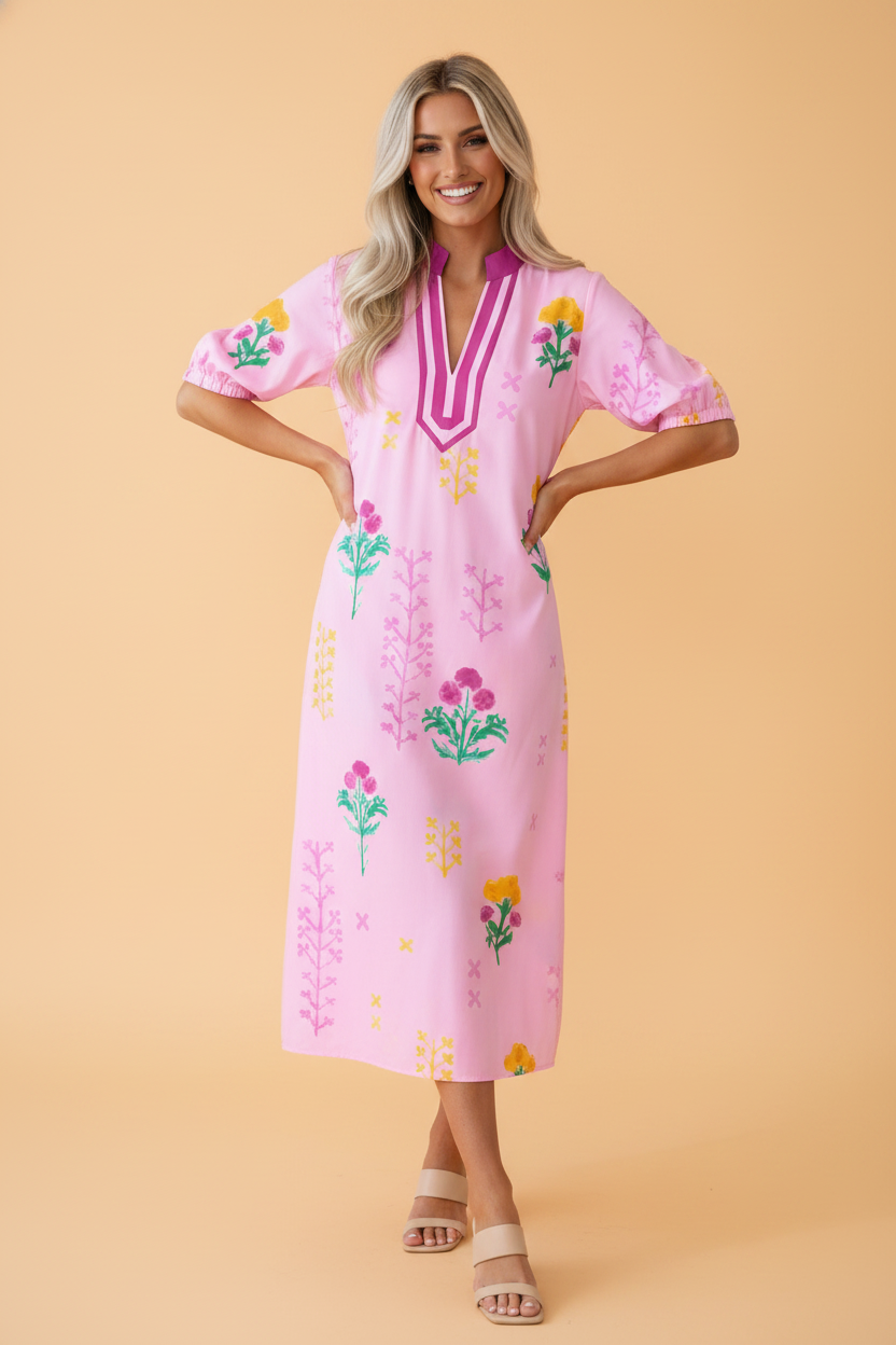 A stylish midi dress featuring vibrant floral bust prints and colorblock trim with a V-neckline.