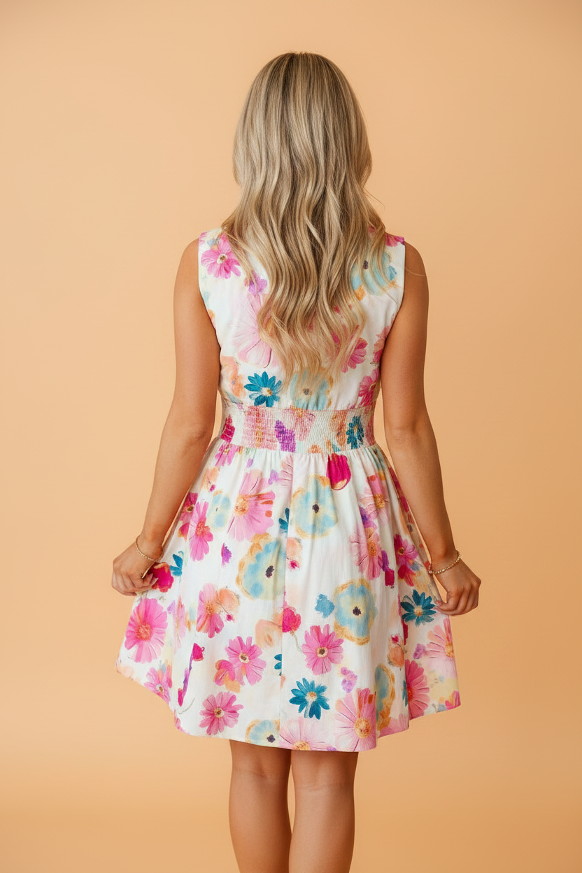 Floral Zip Up V-Neck Smocked Flared Mini Dress
