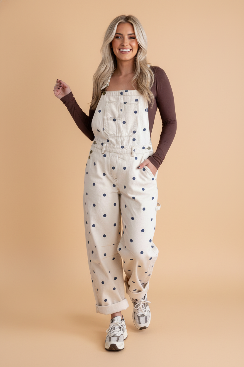 Pretty Bash polka dot denim barrel leg overalls jumpsuit with side button closures